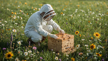 Beekeeper in White Suit Working with Beehive, Flower Field with Flying Bees