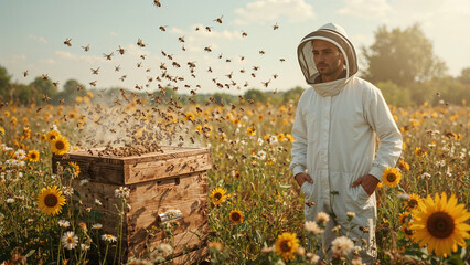 Beekeeper in White Suit Working with Beehive, Flower Field with Flying Bees