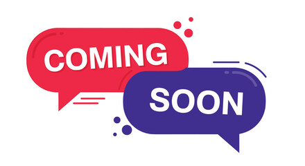 Coming soon announcement with bold white text inside overlapping red and blue speech bubbles and decorative dots.