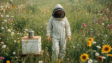 Beekeeper in White Suit Working with Beehive, Flower Field with Flying Bees