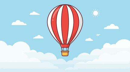 Fototapeta premium Cartoon Hot Air Balloon Vector – Red and White Striped Balloon with Yellow Basket, Blue Sky, Clouds, Sun, Airplane, Travel Adventure Leisure Graphic Design