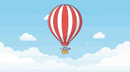 Obraz premium Cartoon Hot Air Balloon Vector – Red and White Striped Balloon with Yellow Basket, Blue Sky, Clouds, Sun, Airplane, Travel Adventure Leisure Graphic Design