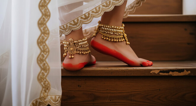 Traditional Indian Bride's Feet Adorned with Gold Anklets