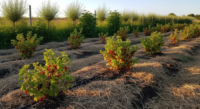 Medium shot of a small orchard with natural windbreaks and mulching techniques to preserve soil warmth for currant cultivation