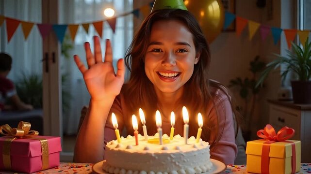 Smiling young girl celebrating birthday with lit candles on cake