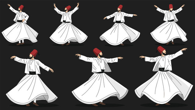 Multiple illustrations of Sufi whirling dervishes in traditional dress performing the Sema ceremony against a dark background for cultural themes.