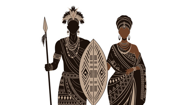 Tribal African man and woman in traditional attire and elaborate jewelry standing together with a shield and a spear on a white background.