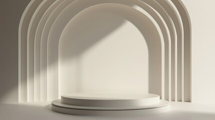 Fototapeta premium Minimalist stage with layered arched backdrop and circular platform in soft light photo