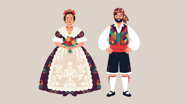 Man and woman in traditional Valencian regional dress (Fallera and Fallero) posing together on a plain neutral background.