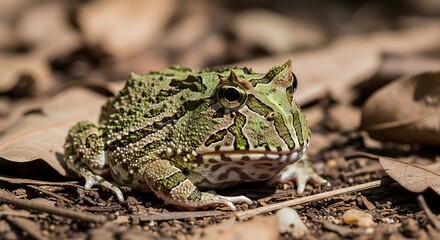 Horned frog resting on forest floor with wide mouth, horn-like eye ridges, and camouflaged body. A unique amphibian known for its ambush hunting and leaf-like appearance.