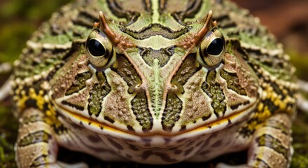 Horned frog resting on forest floor with wide mouth, horn-like eye ridges, and camouflaged body. A unique amphibian known for its ambush hunting and leaf-like appearance.