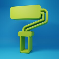 Green Paint roller brush icon isolated on blue background. Minimalism concept. 3D render illustration