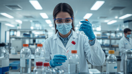 Biochemical Lab Technician Analyzing Samples, Scientist Working in Modern Laboratory Background