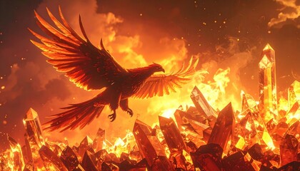 Eagle Flying Over Burning Cityscape Inferno.