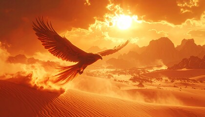 Eagle Flying Over Desert Landscape at Sunset.