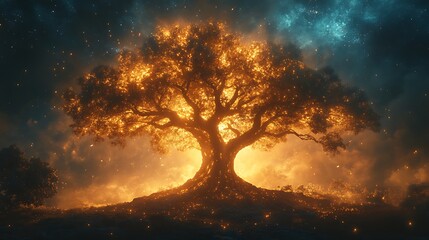 Majestic glowing tree with fiery leaves under a starry night sky fire photo