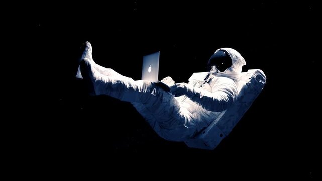 Astronaut in white suit relaxes floating in dark space while using laptop symbolizing remote work freedom imagination and futuristic digital lifestyle among stars