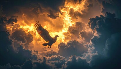 Eagle Flying Through Dramatic Cloudy Sky.