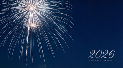 White Fireworks Explosion with '2026 New Year Greeting' on Dark Blue Sky Background