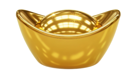 Lustrous golden yuanbao ingot featuring a highly reflective convex surface symbolizing wealth prosperity and successful finance isolated on black background perfect for conceptual design elements.