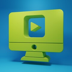 Green Online play video icon isolated on blue background. Computer monitor and film strip with play sign. Minimalism concept. 3D render illustration