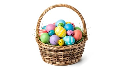 A wicker basket overflowing with colorful Easter eggs. Each egg is intricately designed with vibrant colors and patterns, nestled among green grass