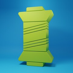 Green Sewing thread on spool icon isolated on blue background. Yarn spool. Thread bobbin. Minimalism concept. 3D render illustration