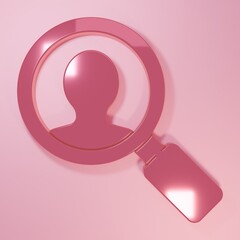 Pink Magnifying glass for search a people icon isolated on pink background. Recruitment or selection. Search for employees and job. Minimalism concept. 3D render illustration