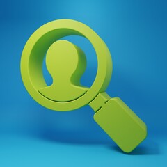 Green Magnifying glass for search a people icon isolated on blue background. Recruitment or selection. Search for employees and job. Minimalism concept. 3D render illustration