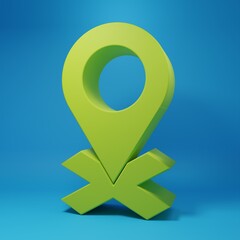 Green Map pin icon isolated on blue background. Navigation, pointer, location, map, gps, direction, place concept. Minimalism concept. 3D render illustration