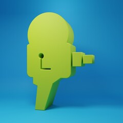 Green Retro cinema camera icon isolated on blue background. Video camera. Movie sign. Film projector. Minimalism concept. 3D render illustration