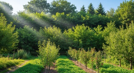 Fototapeta premium Dynamic medium shot highlighting layered agroforestry with multiple canopy levels capturing carbon in a thriving rural ecosystem.