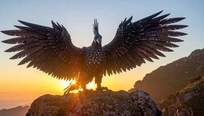 Eagle Silhouette on Rocky Outcrop at Sunset.