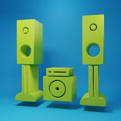 Green Home stereo with two speaker s icon isolated on blue background. Music system. Minimalism concept. 3D render illustration