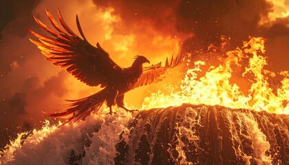 Eagle Silhouette Flying Over Volcanic Eruption.