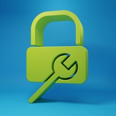 Green Lock repair icon isolated on blue background. Padlock sign. Security, safety, protection, privacy concept. Minimalism concept. 3D render illustration
