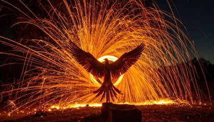 Eagle Silhouette with Fireworks Display at Night.