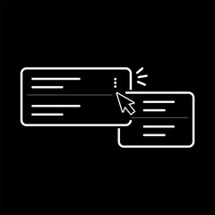 Minimalist dark mode interactive card UI icon with cursor click highlight, layered panels, and hover state indication, representing web app interactions, card-based interfaces, and SaaS.