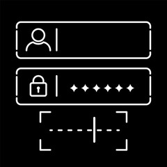 Minimalist dark mode login authentication UI icon with username field, password lock with hidden characters, and OTP verification code entry.