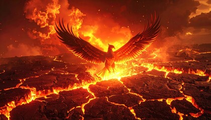 Eagle Soaring Over Fiery Landscape Inferno.