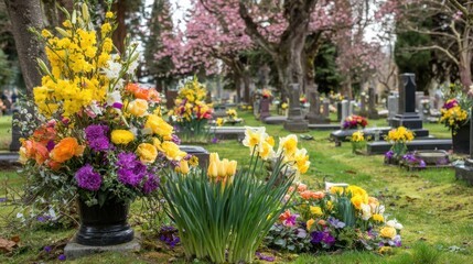 Medium shot of a serene pet cemetery with neatly arranged burial plots and colorful floral tributes for beloved companion animals.