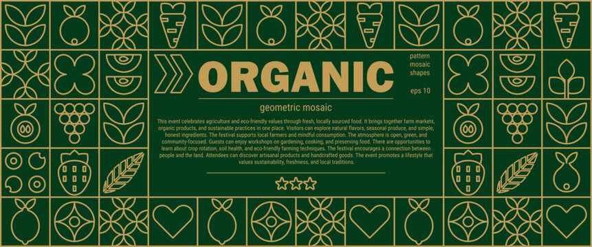 Geometric fruit farm pattern with apple carrot mosaic and abstract leaf line banner.