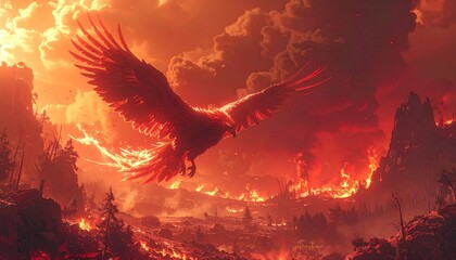 Eagle Soaring Through Fiery Apocalyptic Landscape.