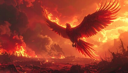 Eagle Soaring Through Fiery Landscape.