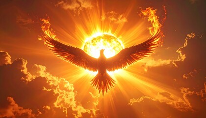 Eagle Soaring Through Flames and Sunlight.