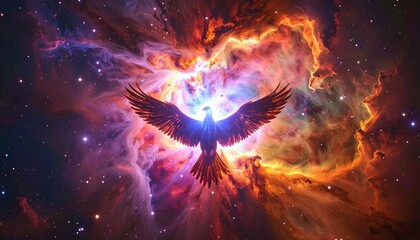 Eagle Soaring Through Vibrant Cosmic Nebula Space.