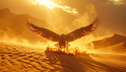 Eagle Spreads Wings Over Desert Fire.