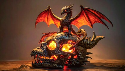 Fantasy Dragon Sitting on Skull Treasure.