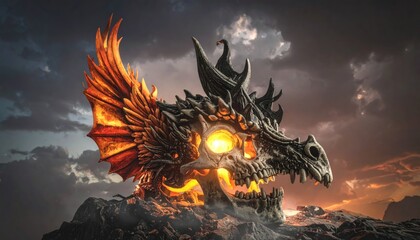 Fantasy Dragon with Flames and Cloudy Sky.