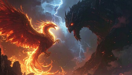 Fierce Dragons Facing Off in Stormy Sky.